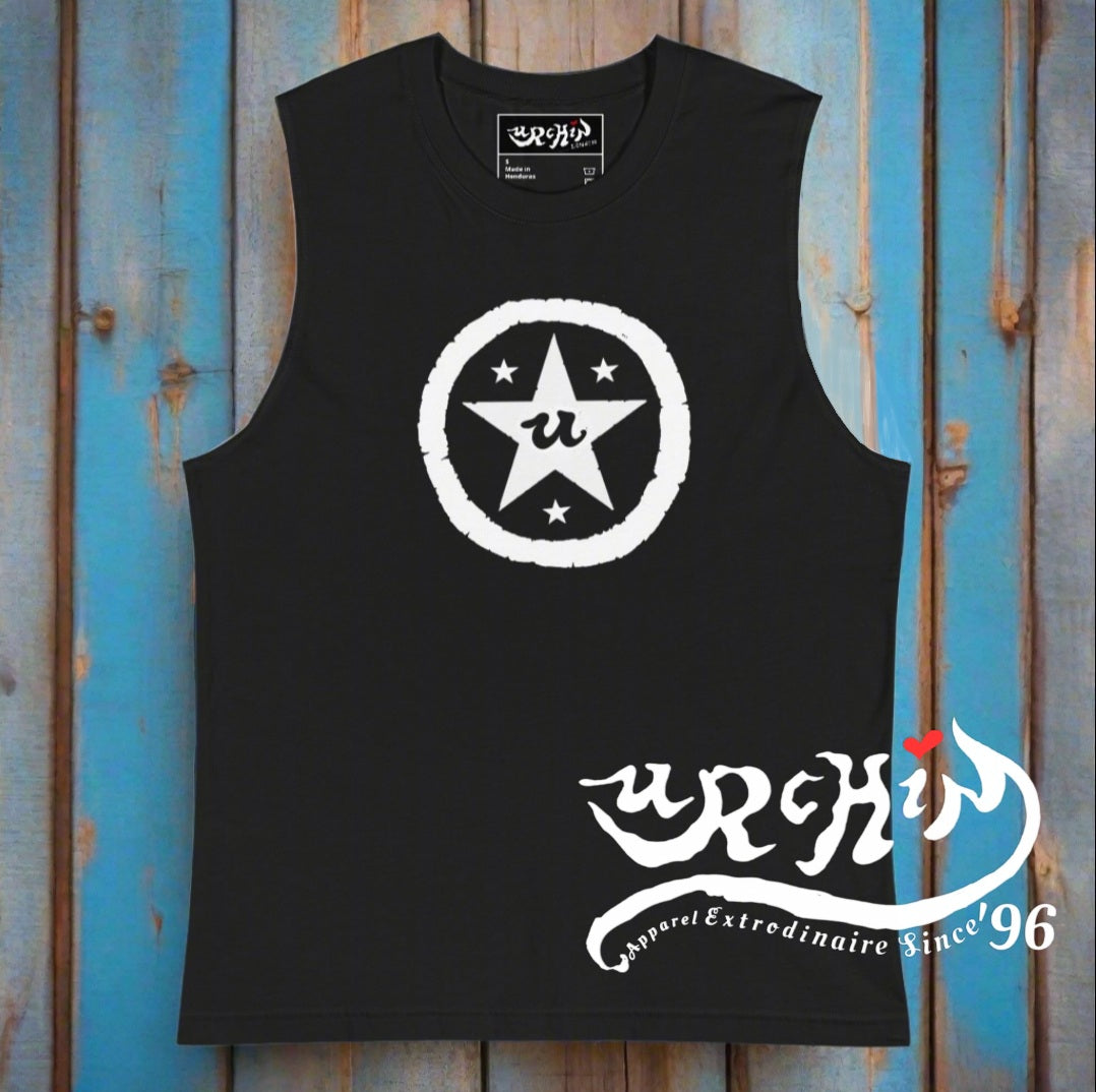 URCHIN 'U STAR' White Logo. Black Muscle T Shirt. Unisex. Choice of Sizes