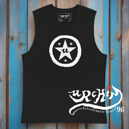 URCHIN 'U STAR' White Logo. Black Muscle T Shirt. Unisex. Choice of Sizes