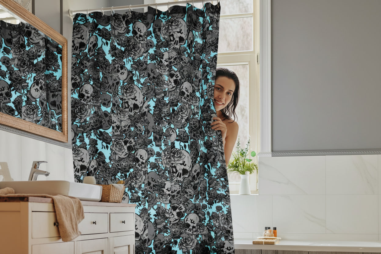 URCHIN 'Skull Storm' Sky ( Light Blue) Shower curtain