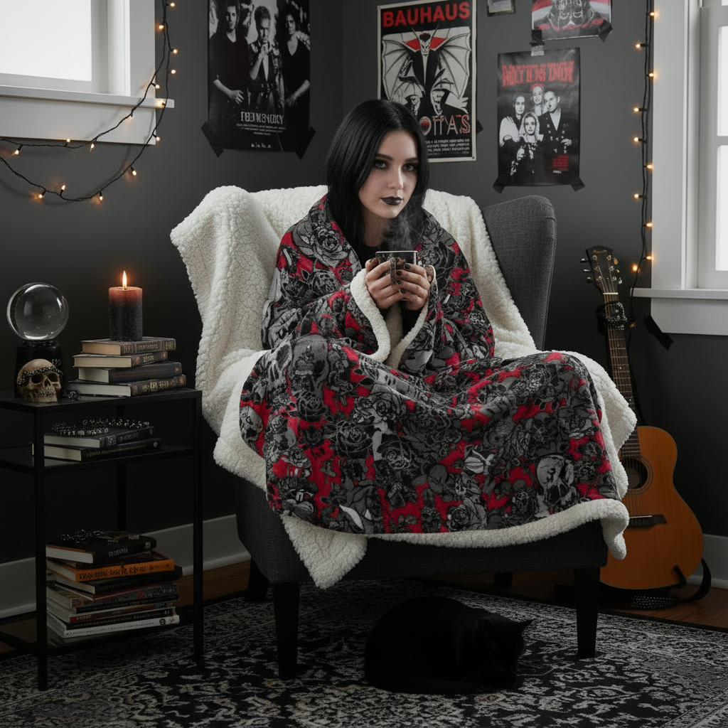 DARK URCHIN SKULL STORM 'WINE' Sherpa blanket
