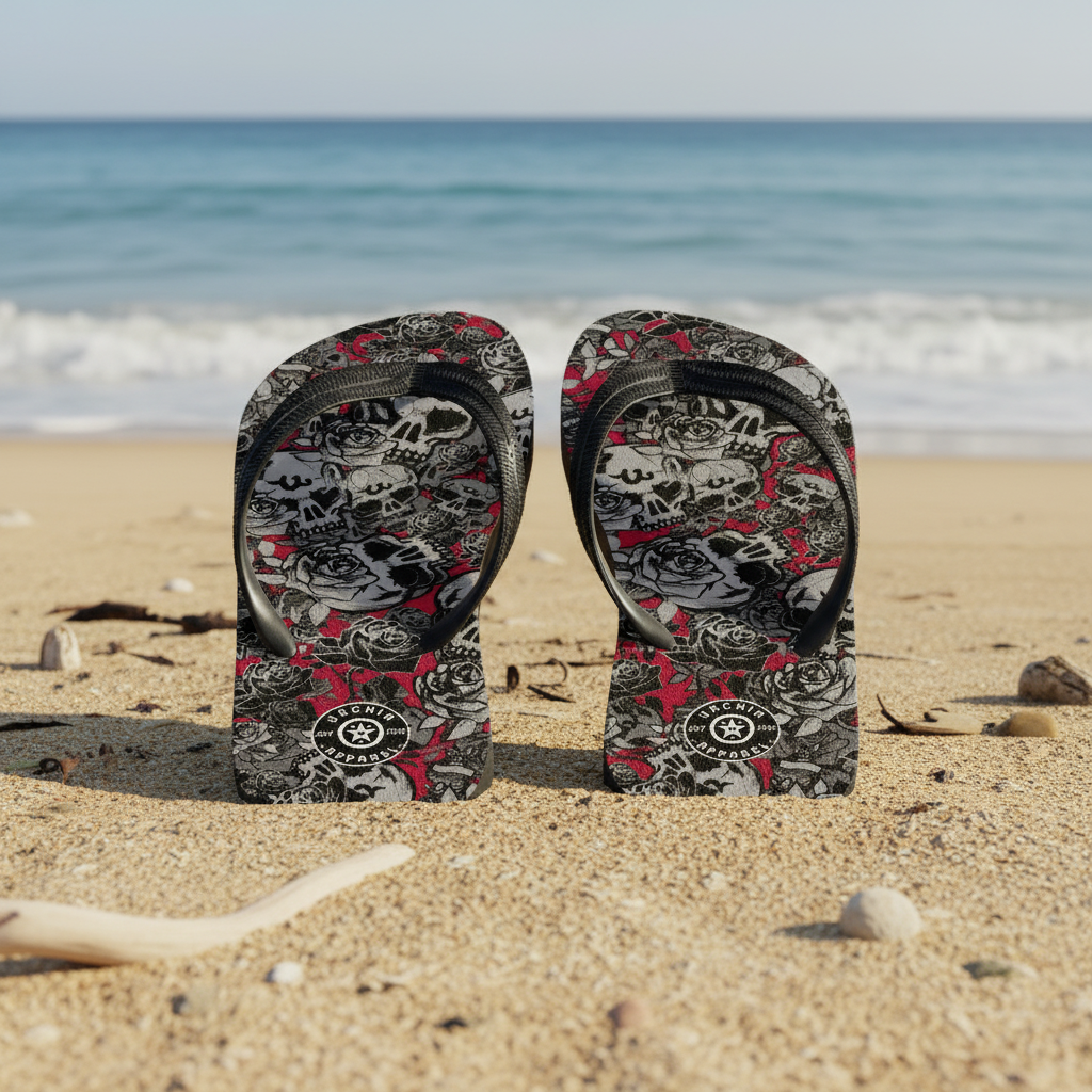 DARK URCHIN-'U Skull Storm' Skulls, Hearts Daggers, & Roses Flip-Flops. Colour 'Wine' (Deep Red) Choice of Sizes.