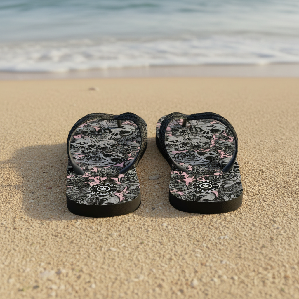 DARK URCHIN-'U Skull Storm' Skulls, Hearts Daggers, & Roses Flip-Flops. Colour 'Coral' (Pink) Choice of Sizes.