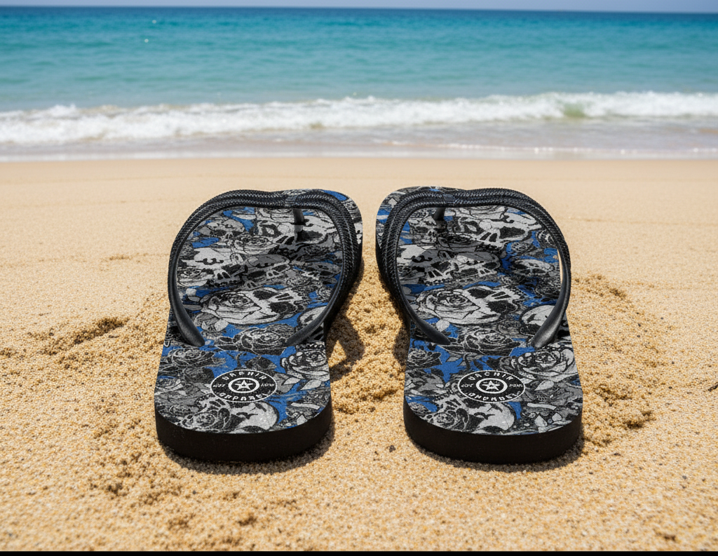 DARK URCHIN 'Skull Storm'. Blue. Unisex Flip-Flops. Choice of 3 Sizes.