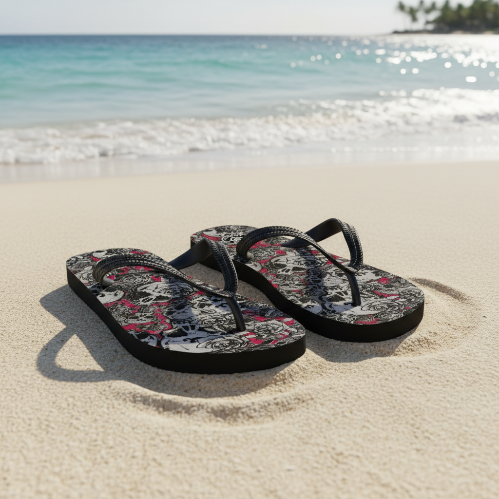 DARK URCHIN-'U Skull Storm' Skulls, Hearts Daggers, & Roses Flip-Flops. Colour 'Wine' (Deep Red) Choice of Sizes.