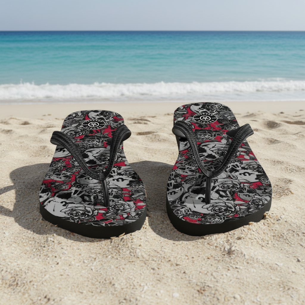 DARK URCHIN-'U Skull Storm' Skulls, Hearts Daggers, & Roses Flip-Flops. Colour 'Wine' (Deep Red) Choice of Sizes.
