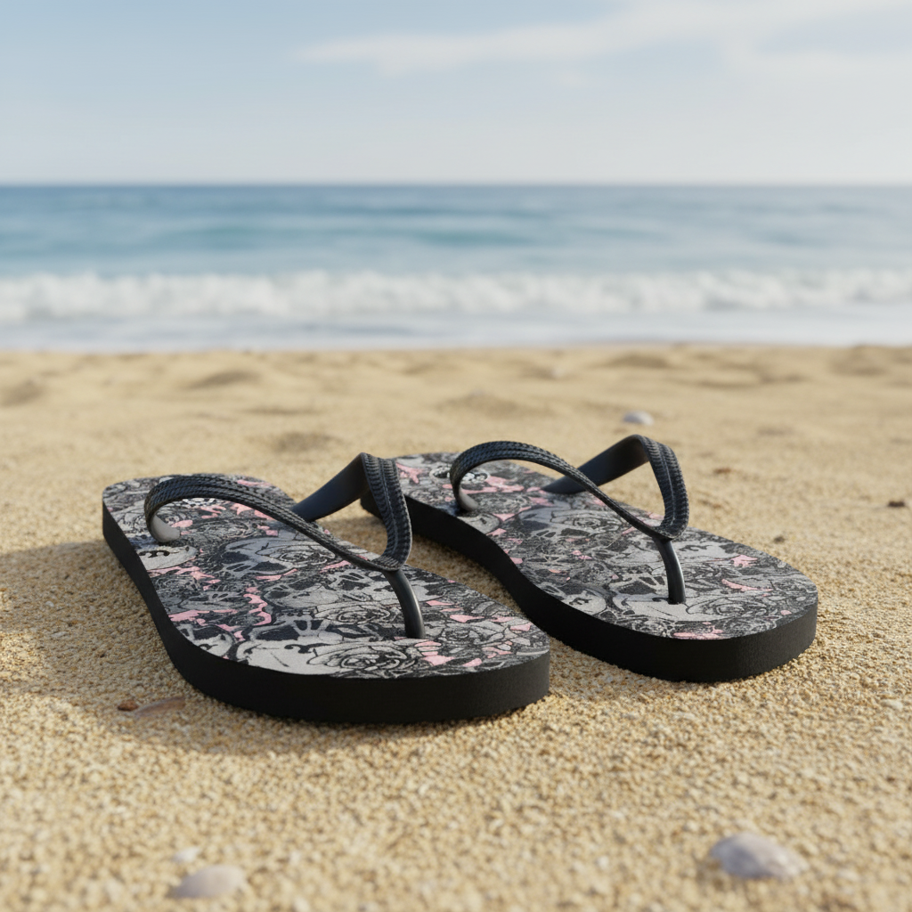 DARK URCHIN-'U Skull Storm' Skulls, Hearts Daggers, & Roses Flip-Flops. Colour 'Coral' (Pink) Choice of Sizes.