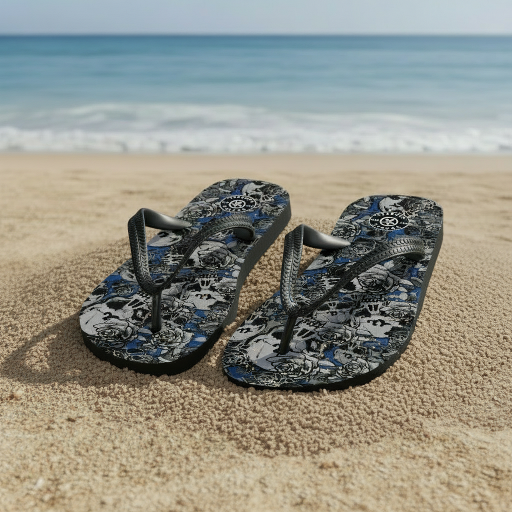 DARK URCHIN 'Skull Storm'. Blue. Unisex Flip-Flops. Choice of 3 Sizes.
