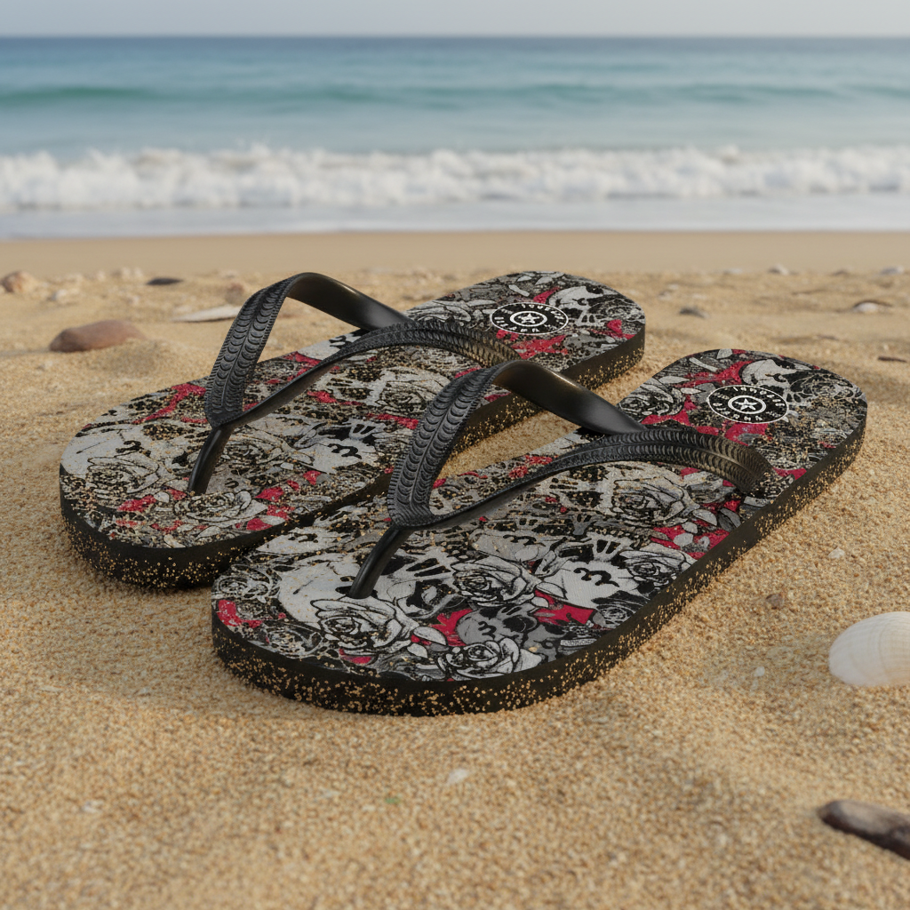 DARK URCHIN-'U Skull Storm' Skulls, Hearts Daggers, & Roses Flip-Flops. Colour 'Wine' (Deep Red) Choice of Sizes.