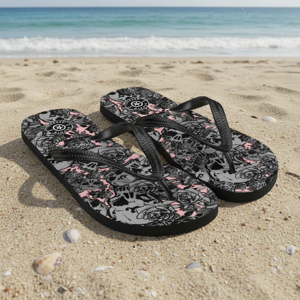 DARK URCHIN-'U Skull Storm' Skulls, Hearts Daggers, & Roses Flip-Flops. Colour 'Coral' (Pink) Choice of Sizes.