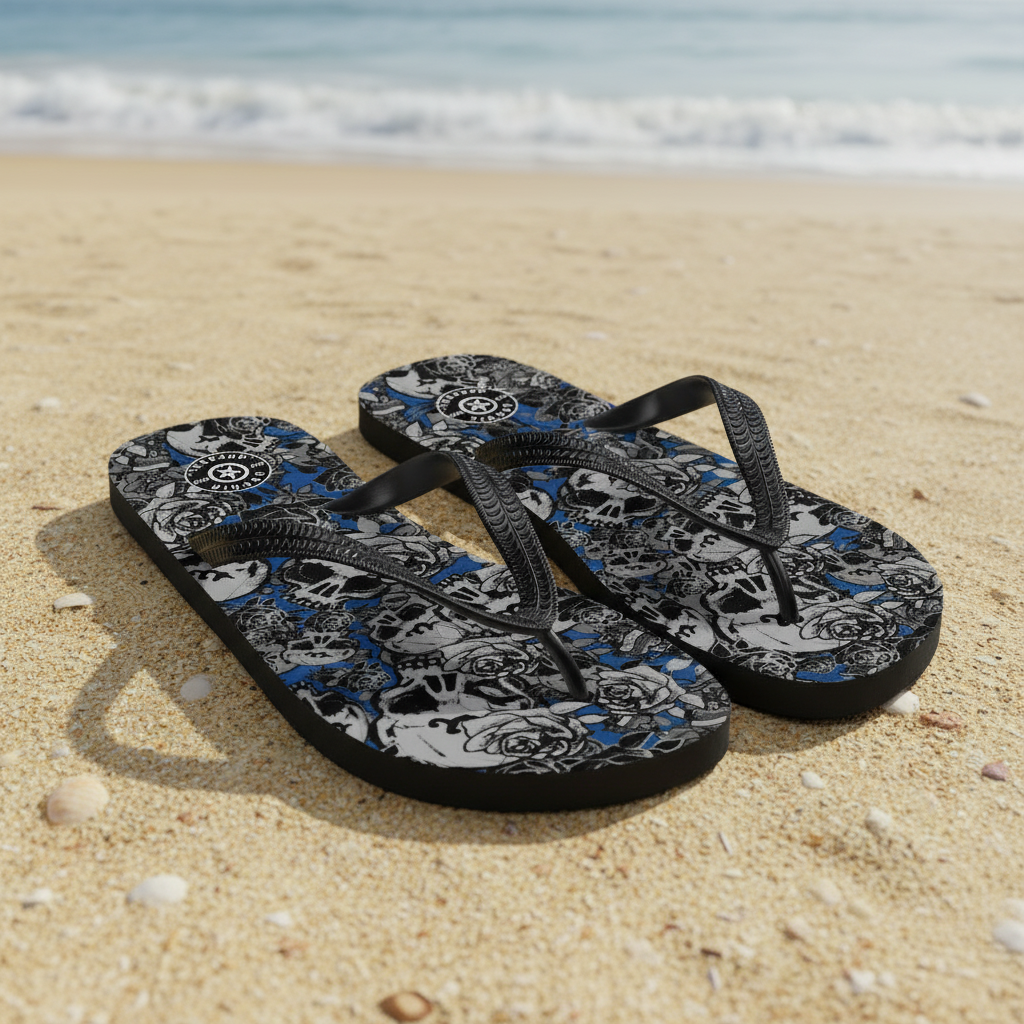 DARK URCHIN 'Skull Storm'. Blue. Unisex Flip-Flops. Choice of 3 Sizes.