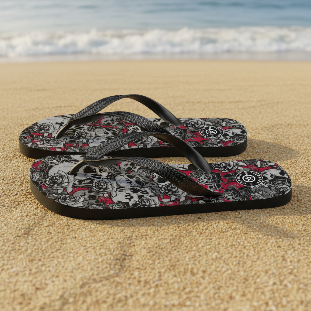 DARK URCHIN-'U Skull Storm' Skulls, Hearts Daggers, & Roses Flip-Flops. Colour 'Wine' (Deep Red) Choice of Sizes.