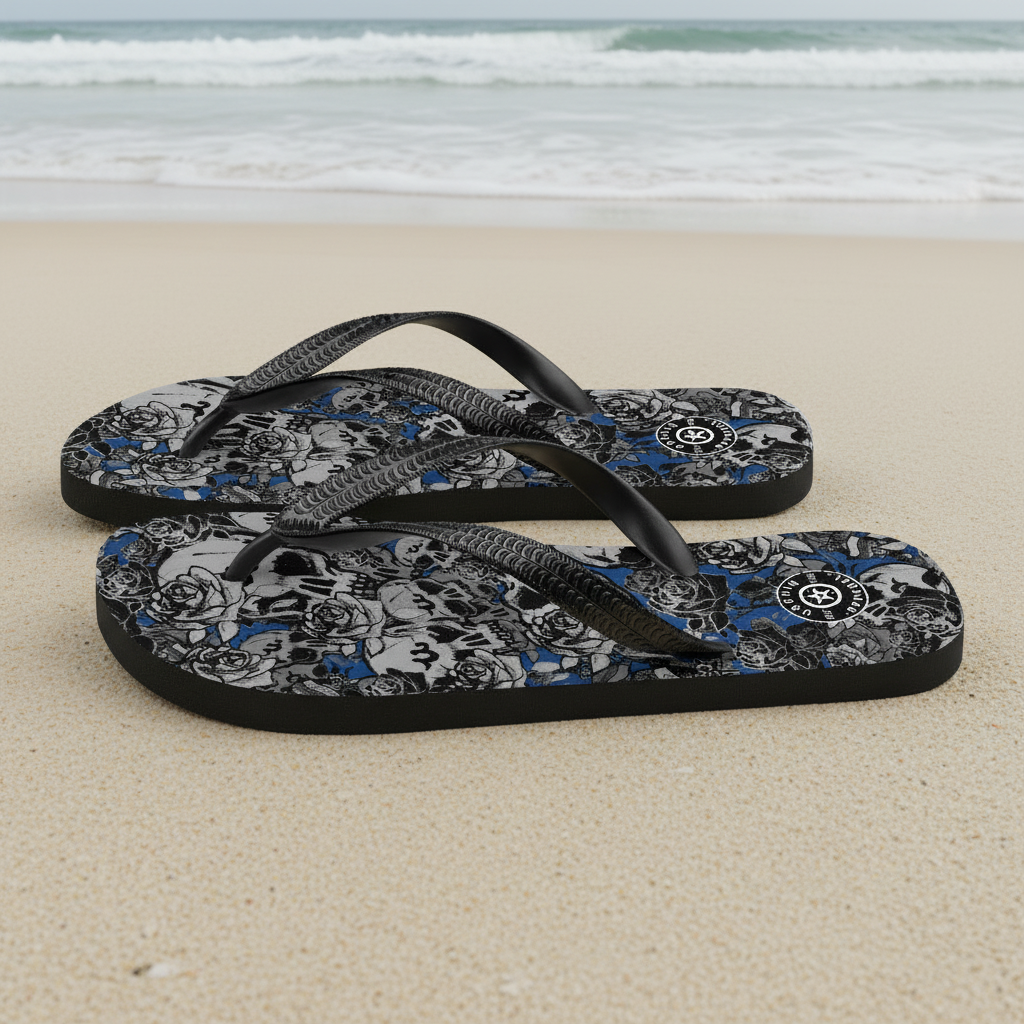 DARK URCHIN 'Skull Storm'. Blue. Unisex Flip-Flops. Choice of 3 Sizes.
