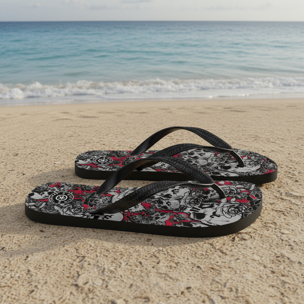 DARK URCHIN-'U Skull Storm' Skulls, Hearts Daggers, & Roses Flip-Flops. Colour 'Wine' (Deep Red) Choice of Sizes.
