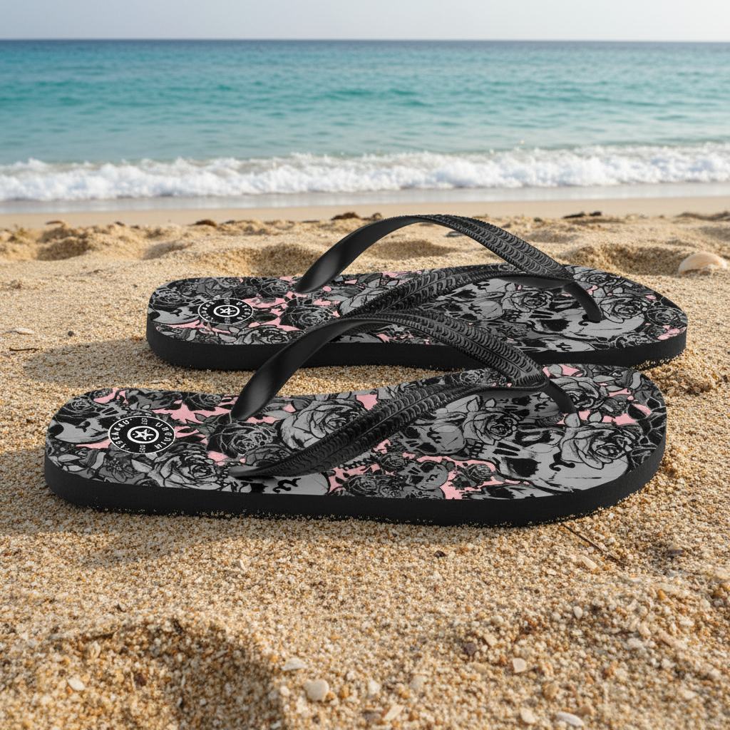 DARK URCHIN-'U Skull Storm' Skulls, Hearts Daggers, & Roses Flip-Flops. Colour 'Coral' (Pink) Choice of Sizes.