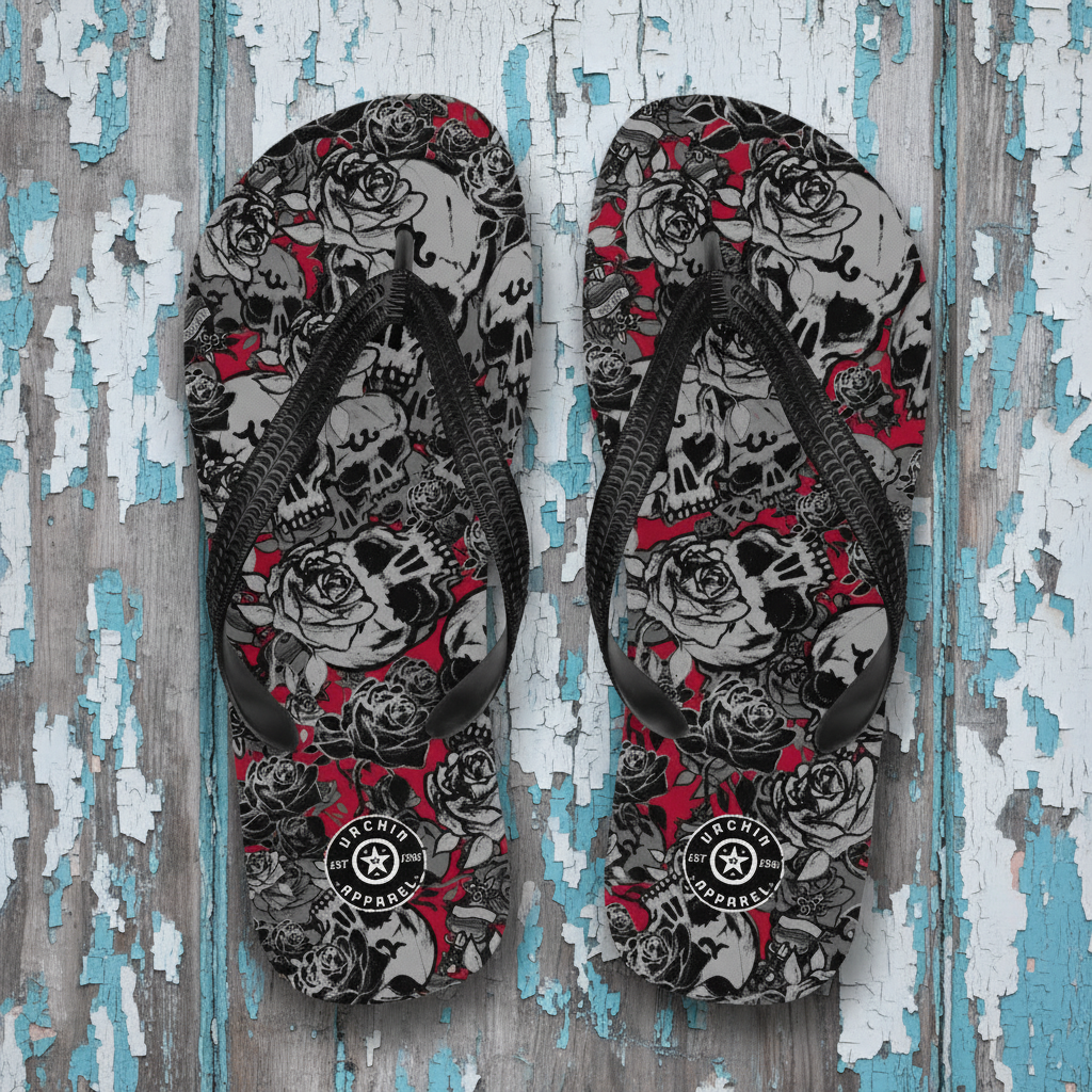 DARK URCHIN-'U Skull Storm' Skulls, Hearts Daggers, & Roses Flip-Flops. Colour 'Wine' (Deep Red) Choice of Sizes.
