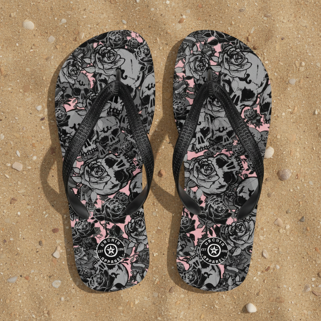 DARK URCHIN-'U Skull Storm' Skulls, Hearts Daggers, & Roses Flip-Flops. Colour 'Coral' (Pink) Choice of Sizes.