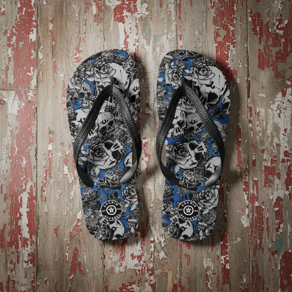 DARK URCHIN 'Skull Storm'. Blue. Unisex Flip-Flops. Choice of 3 Sizes.