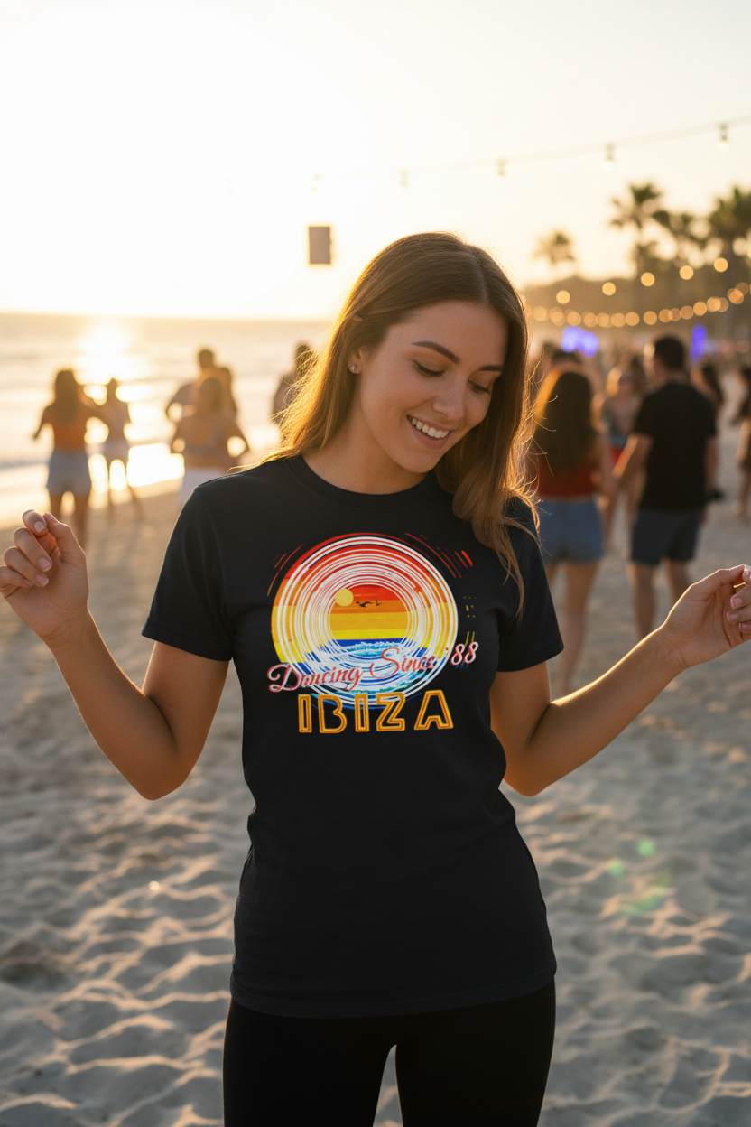 URCHIN 'Ibiza Sunset Spin' Unisex T Shirt. Dark Colours