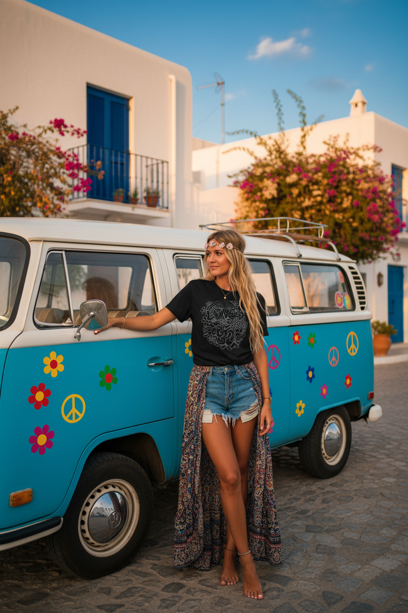 URCHIN 'LOVE IBIZA' Retro Hippy Style Graphic. White Print. Unisex T Shirt