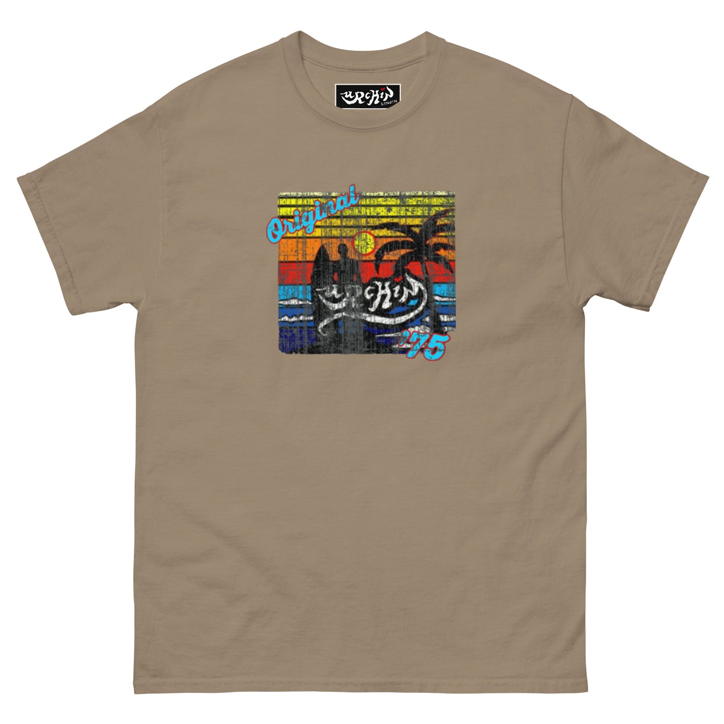 URCHIN-'SURFER SUNRISE-Original '75' Square Logo. Cotton T Shirt. Choice of Colours. Unisex.