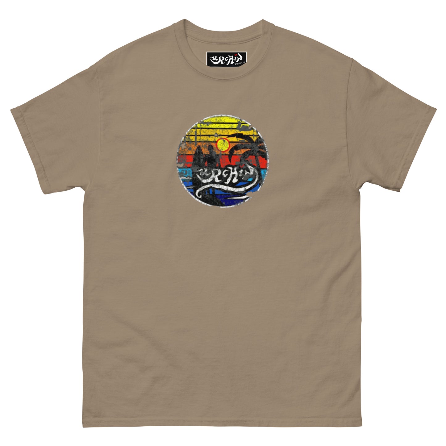 URCHIN -'SURFER SUNRISE'. Round. Cotton T Shirt. Choice of Colours. Unisex.