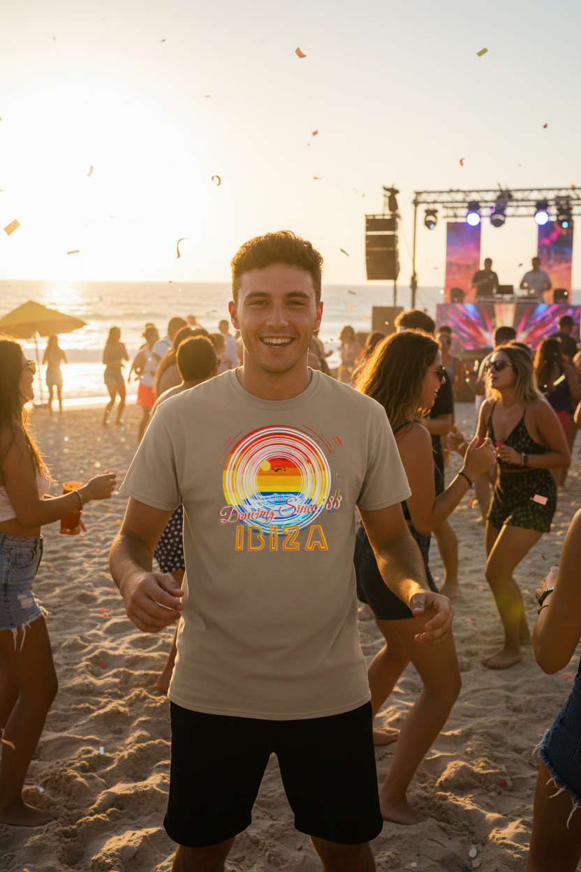 URCHIN 'Ibiza Sunset Spin' Unisex T Shirt. Dark Colours