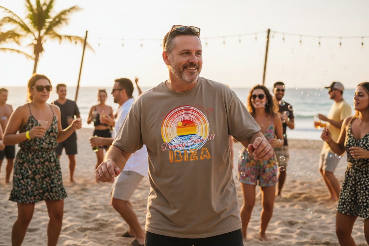 URCHIN 'Ibiza Sunset Spin' Unisex T Shirt. Dark Colours