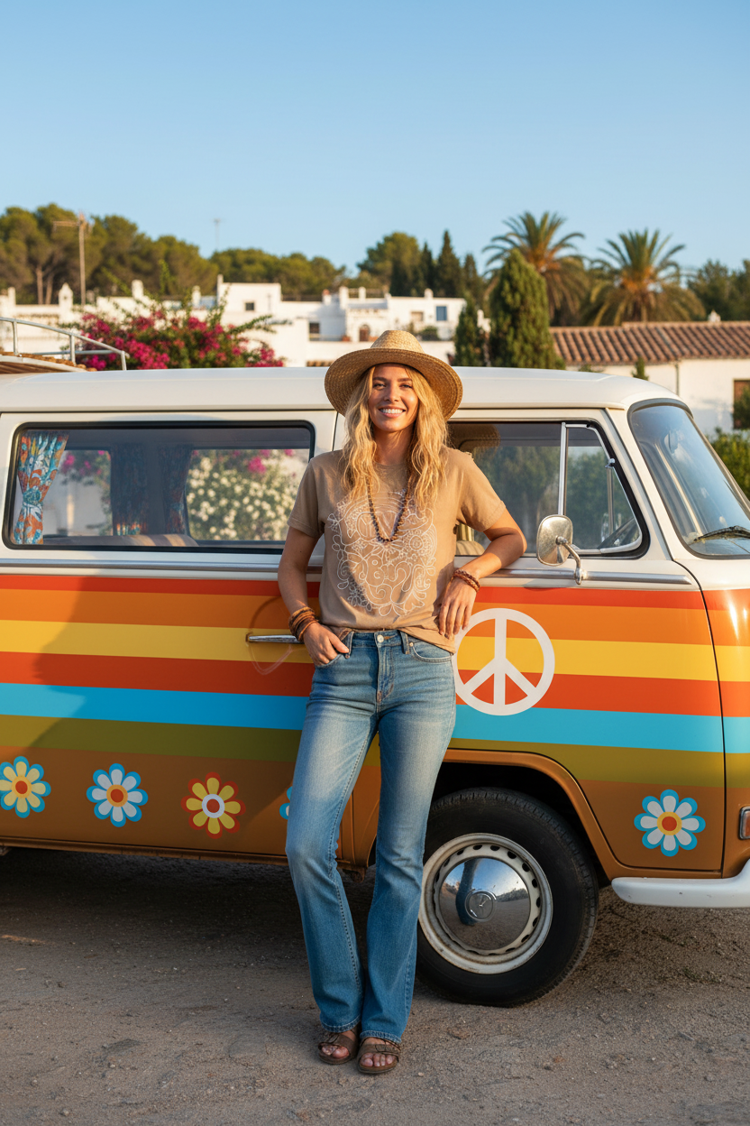 URCHIN 'LOVE IBIZA' Retro Hippy Style Graphic. White Print. Unisex T Shirt