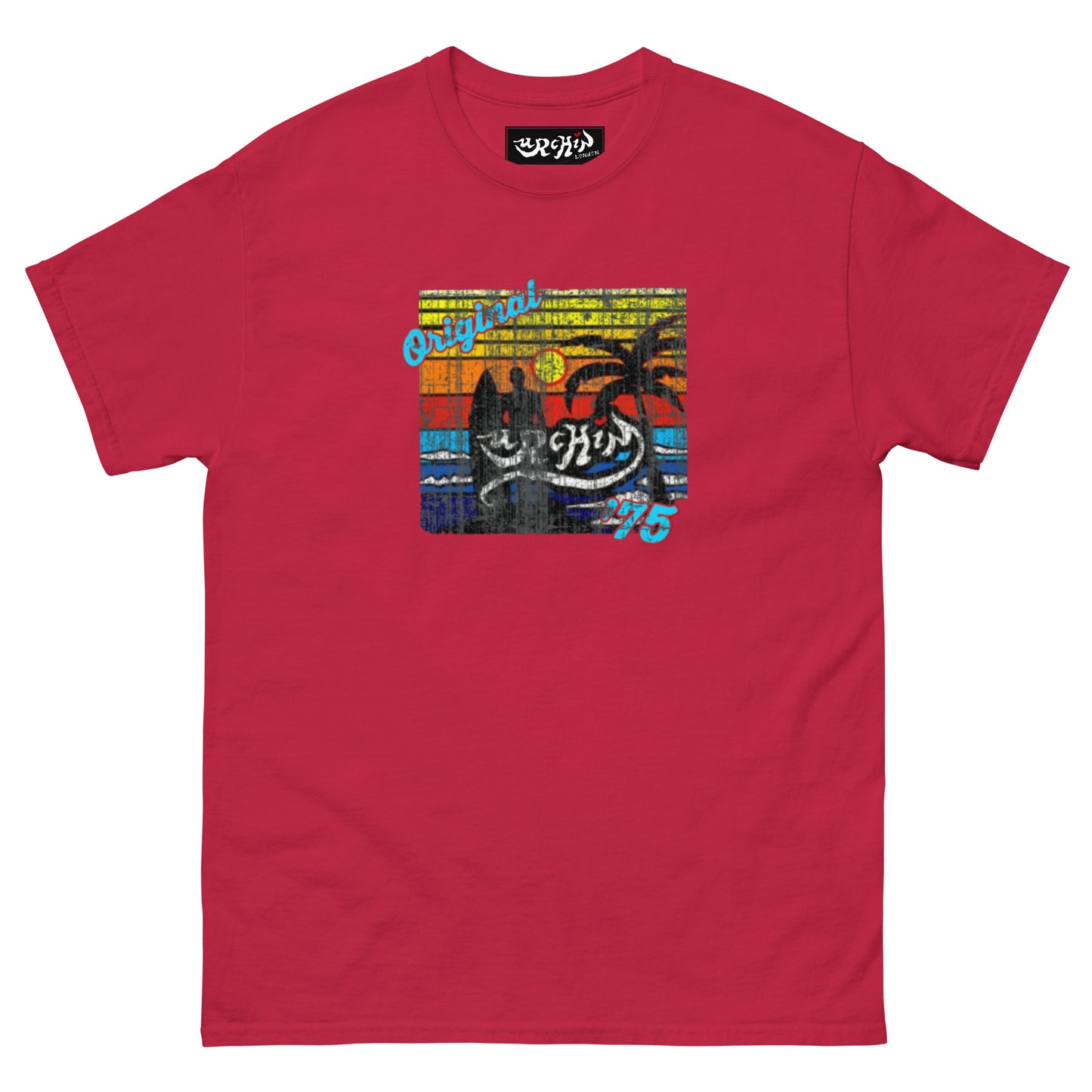 URCHIN-'SURFER SUNRISE-Original '75' Square Logo. Cotton T Shirt. Choice of Colours. Unisex.
