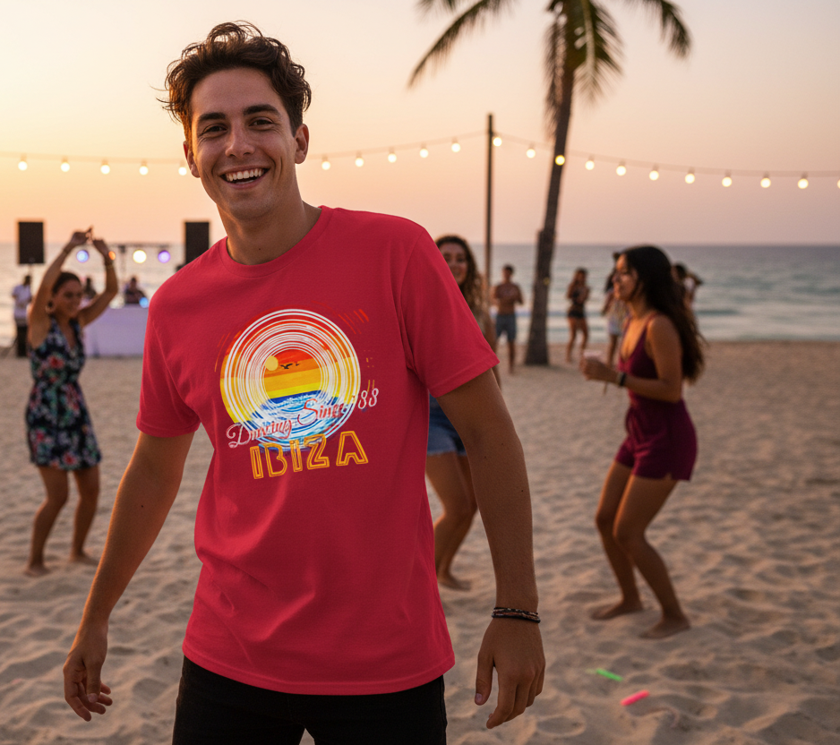 URCHIN 'Ibiza Sunset Spin' Unisex T Shirt. Dark Colours