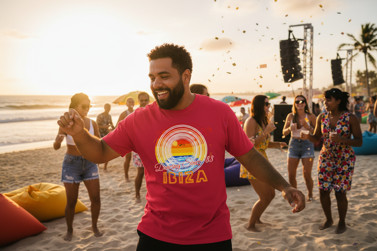 URCHIN 'Ibiza Sunset Spin' Unisex T Shirt. Dark Colours