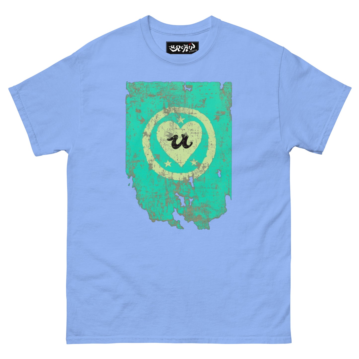 URCHIN Clothes -'LOVE U' Cream on Blue- Old Poster. Cotton T Shirt. Choice of Colours. Unisex.