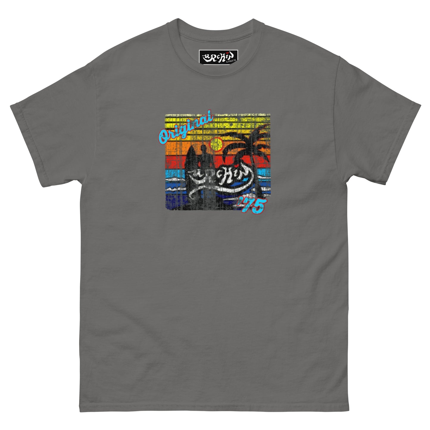 URCHIN-'SURFER SUNRISE-Original '75' Square Logo. Cotton T Shirt. Choice of Colours. Unisex.