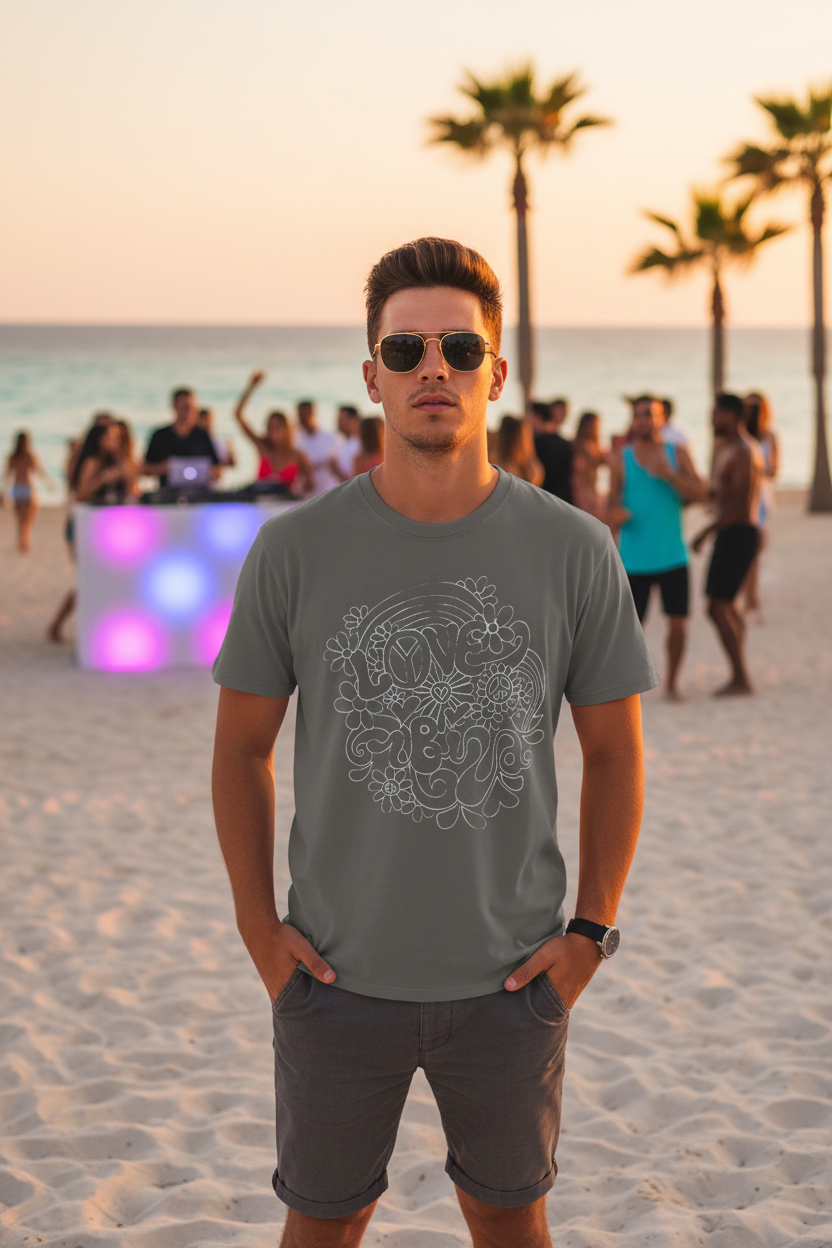 URCHIN 'LOVE IBIZA' Retro Hippy Style Graphic. White Print. Unisex T Shirt