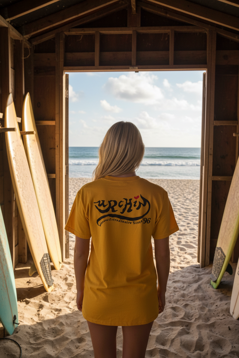 URCHIN -'SURFER SUNRISE'. Round. Cotton T Shirt. Choice of Colours. Unisex.
