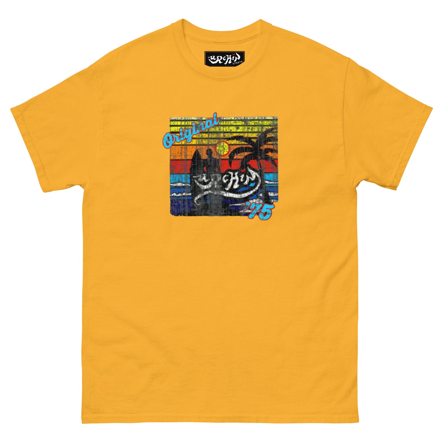 URCHIN-'SURFER SUNRISE-Original '75' Square Logo. Cotton T Shirt. Choice of Colours. Unisex.