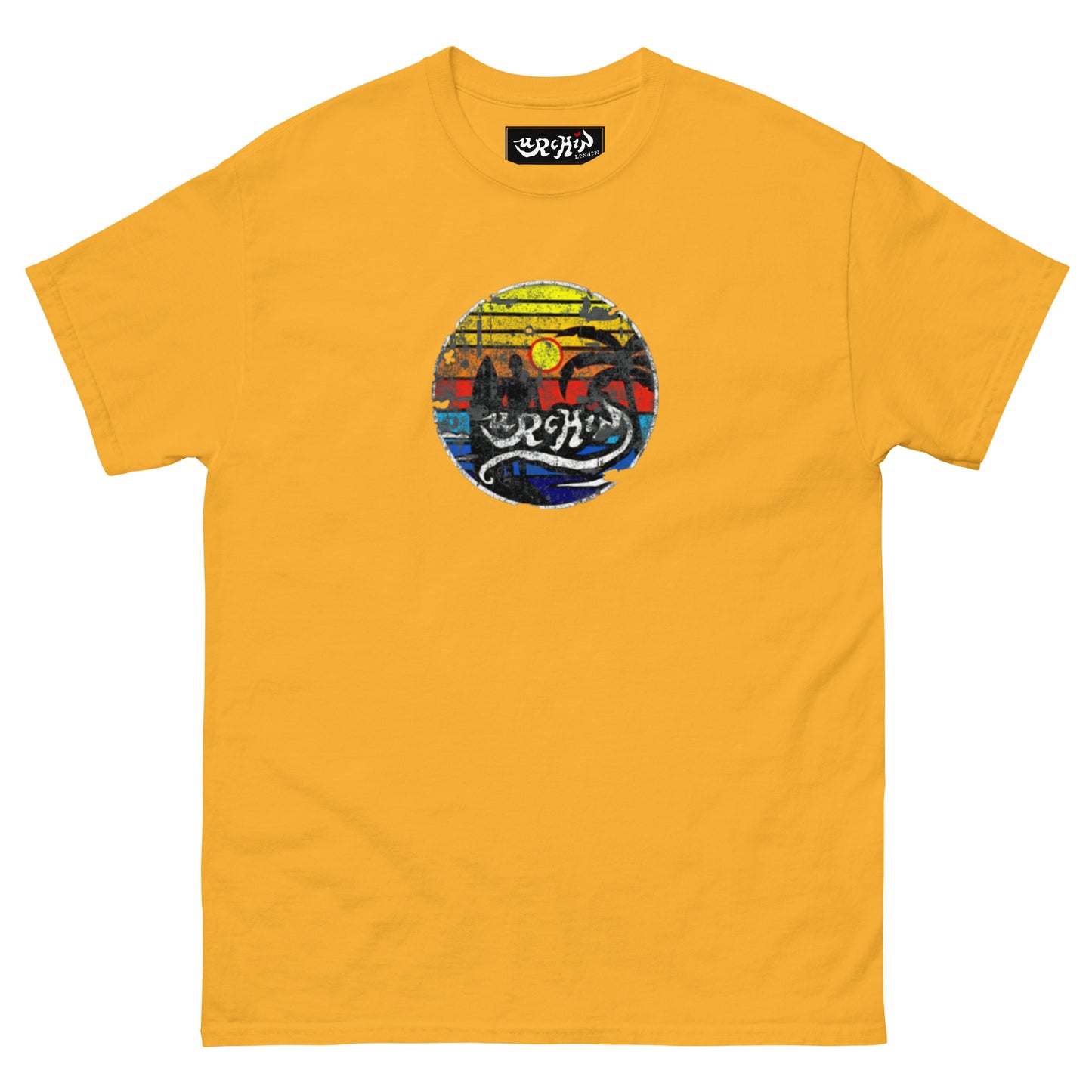 URCHIN -'SURFER SUNRISE'. Round. Cotton T Shirt. Choice of Colours. Unisex.