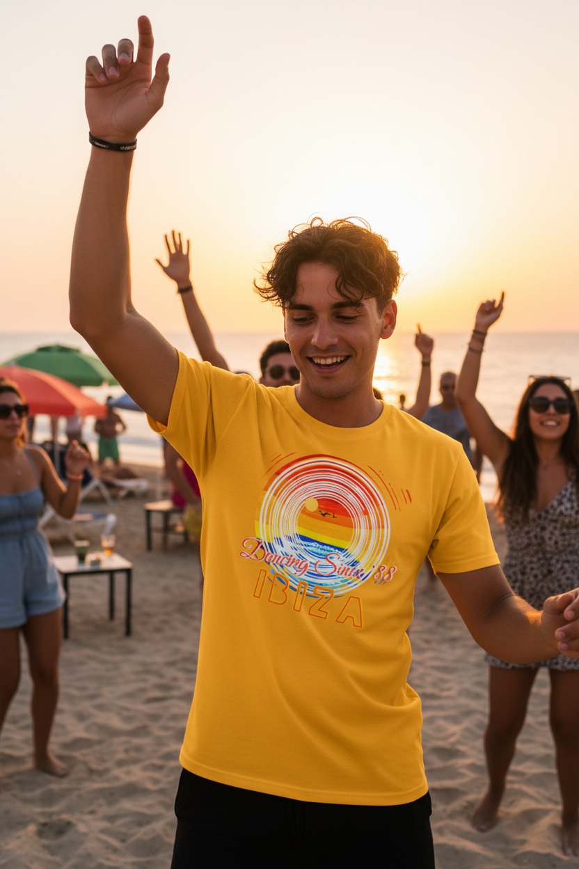 URCHIN 'Ibiza Sunset Spin' Unisex T Shirt. Dark Colours