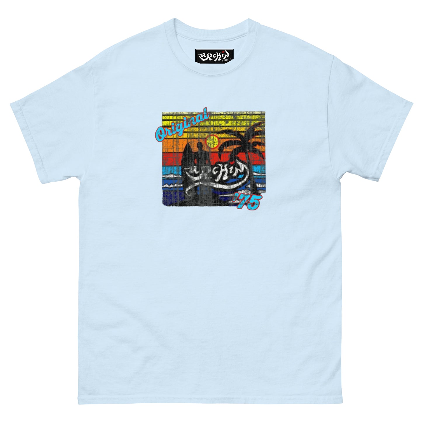 URCHIN-'SURFER SUNRISE-Original '75' Square Logo. Cotton T Shirt. Choice of Colours. Unisex.