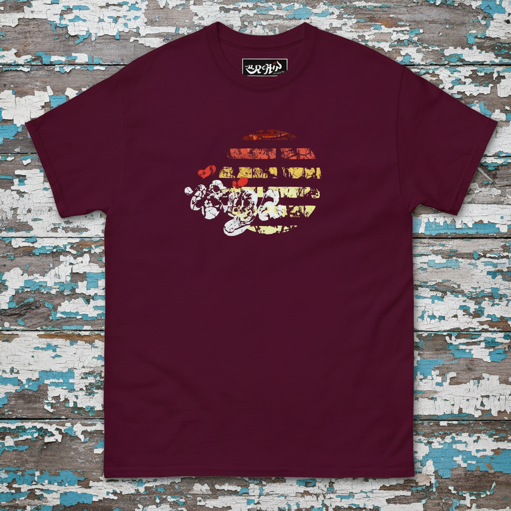 URCHIN 'Urchin Sun' Retro Look. Distressed/ Rough Style. Unisex T Shirt. Dark Colours.