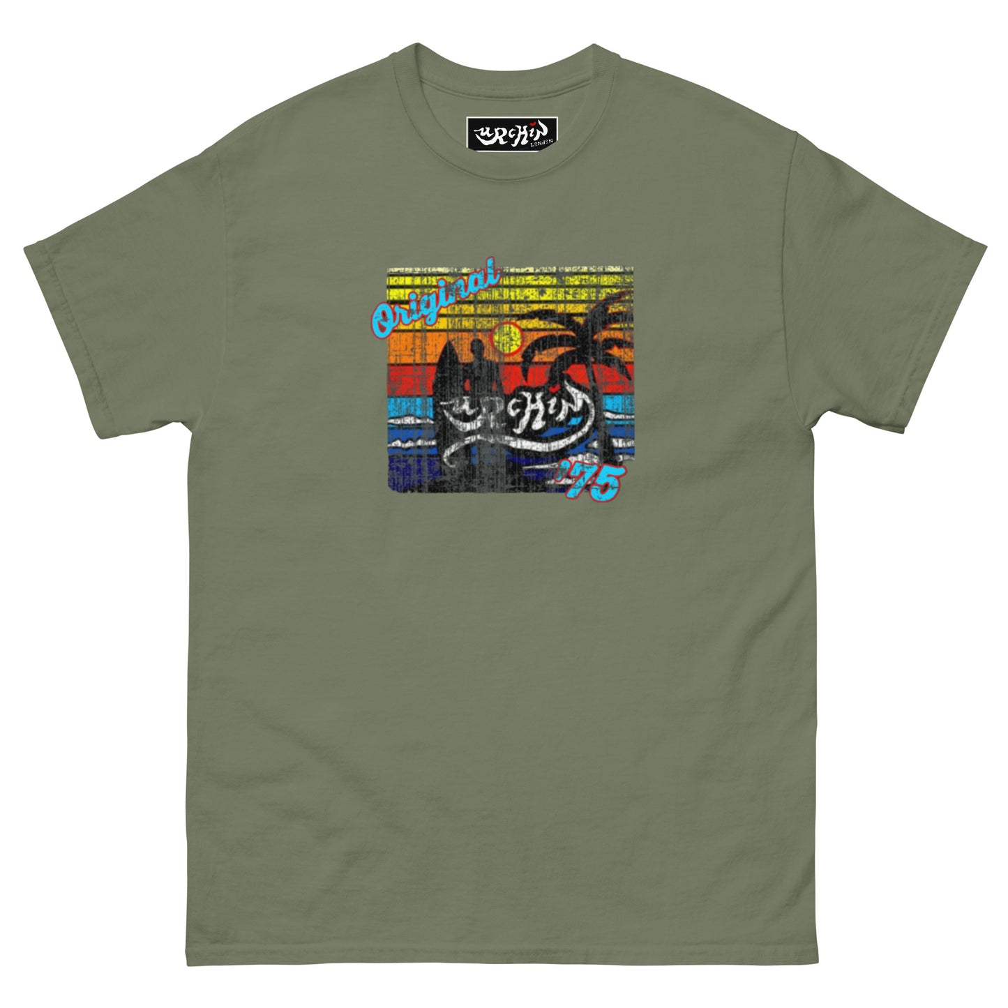URCHIN-'SURFER SUNRISE-Original '75' Square Logo. Cotton T Shirt. Choice of Colours. Unisex.