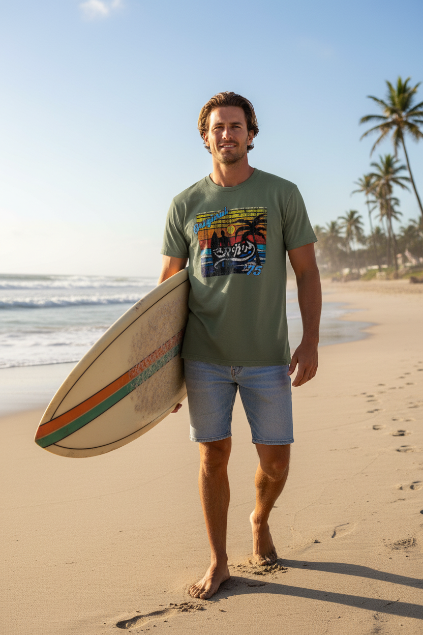 URCHIN-'SURFER SUNRISE-Original '75' Square Logo. Cotton T Shirt. Choice of Colours. Unisex.