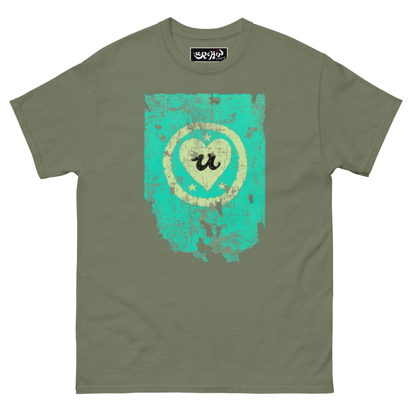 URCHIN Clothes -'LOVE U' Cream on Blue- Old Poster. Cotton T Shirt. Choice of Colours. Unisex.