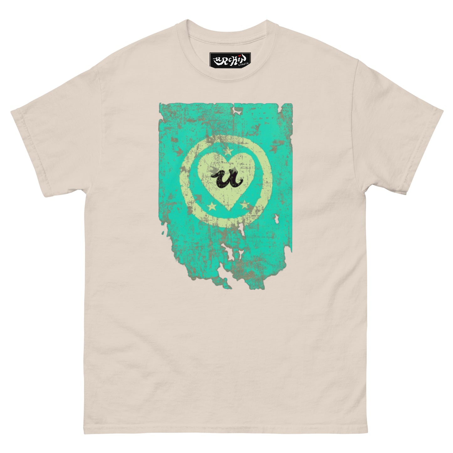 URCHIN Clothes -'LOVE U' Cream on Blue- Old Poster. Cotton T Shirt. Choice of Colours. Unisex.