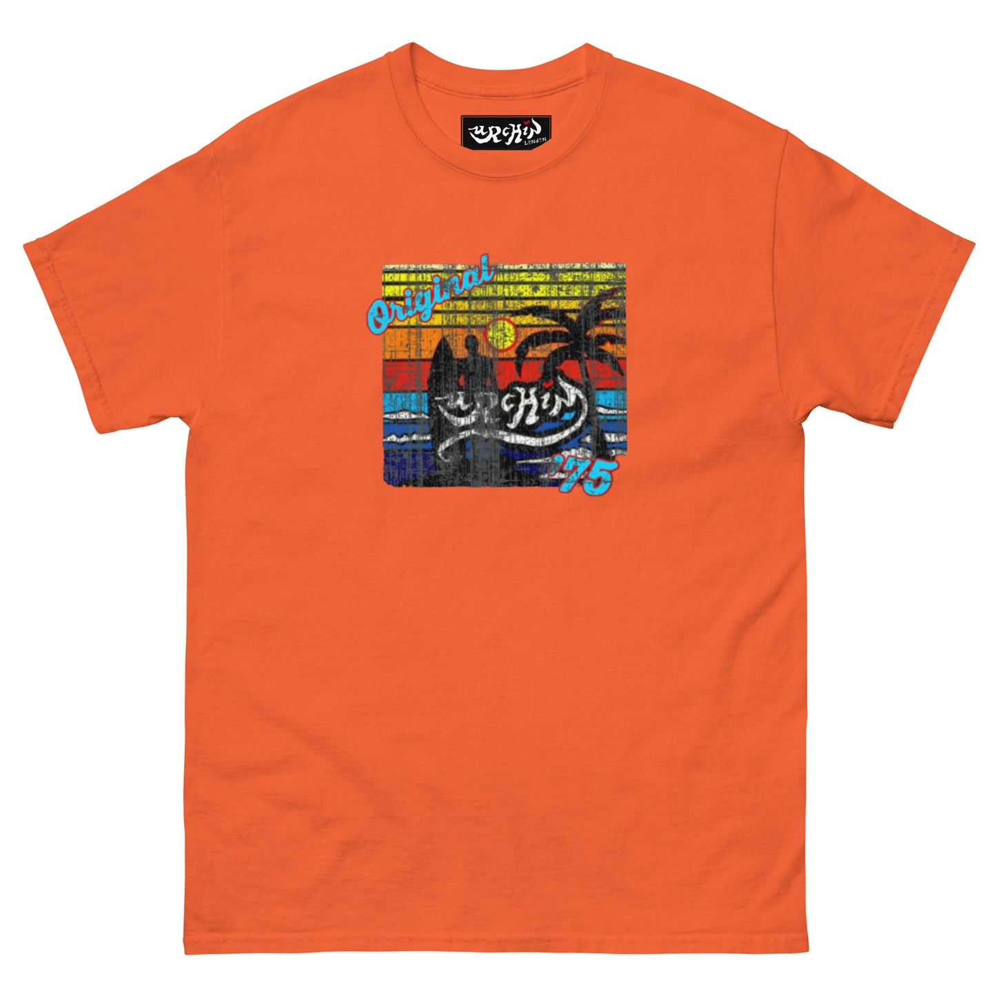 URCHIN-'SURFER SUNRISE-Original '75' Square Logo. Cotton T Shirt. Choice of Colours. Unisex.