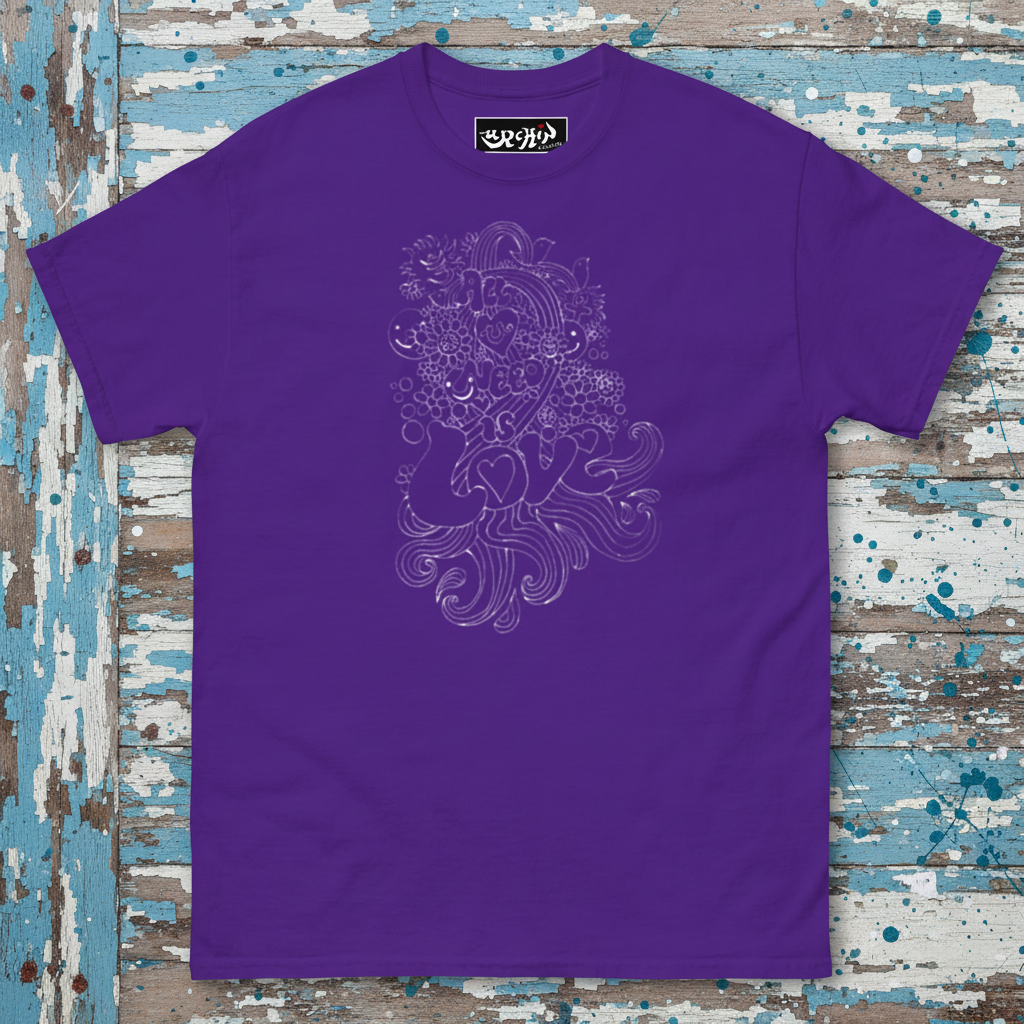 URCHIN 'ALL YOU NEED IS LOVE' Retro Hippy Style Graphic. White Print. Unisex T Shirt