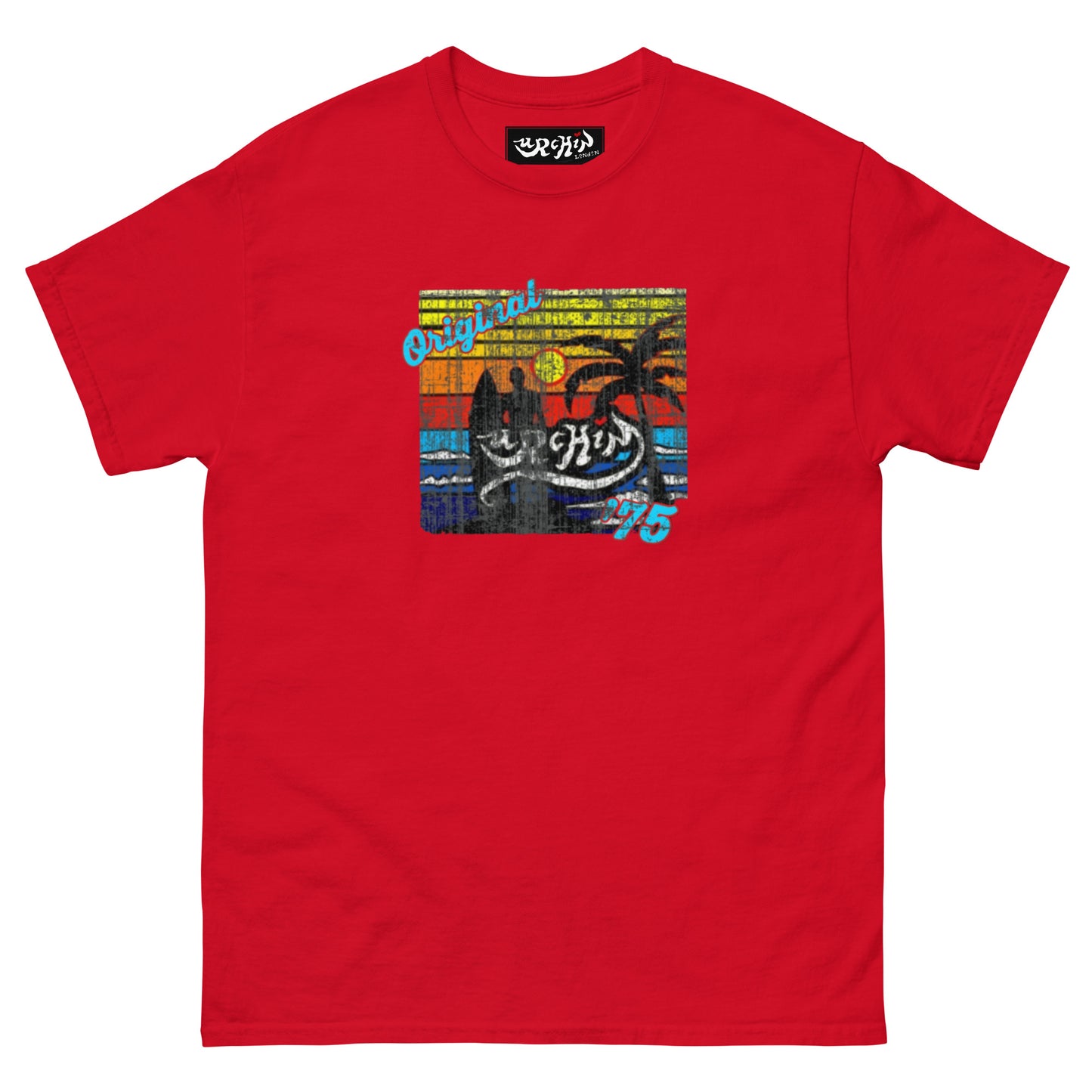 URCHIN-'SURFER SUNRISE-Original '75' Square Logo. Cotton T Shirt. Choice of Colours. Unisex.
