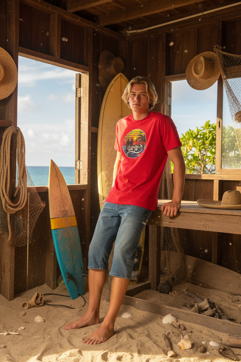 URCHIN -'SURFER SUNRISE'. Round. Cotton T Shirt. Choice of Colours. Unisex.