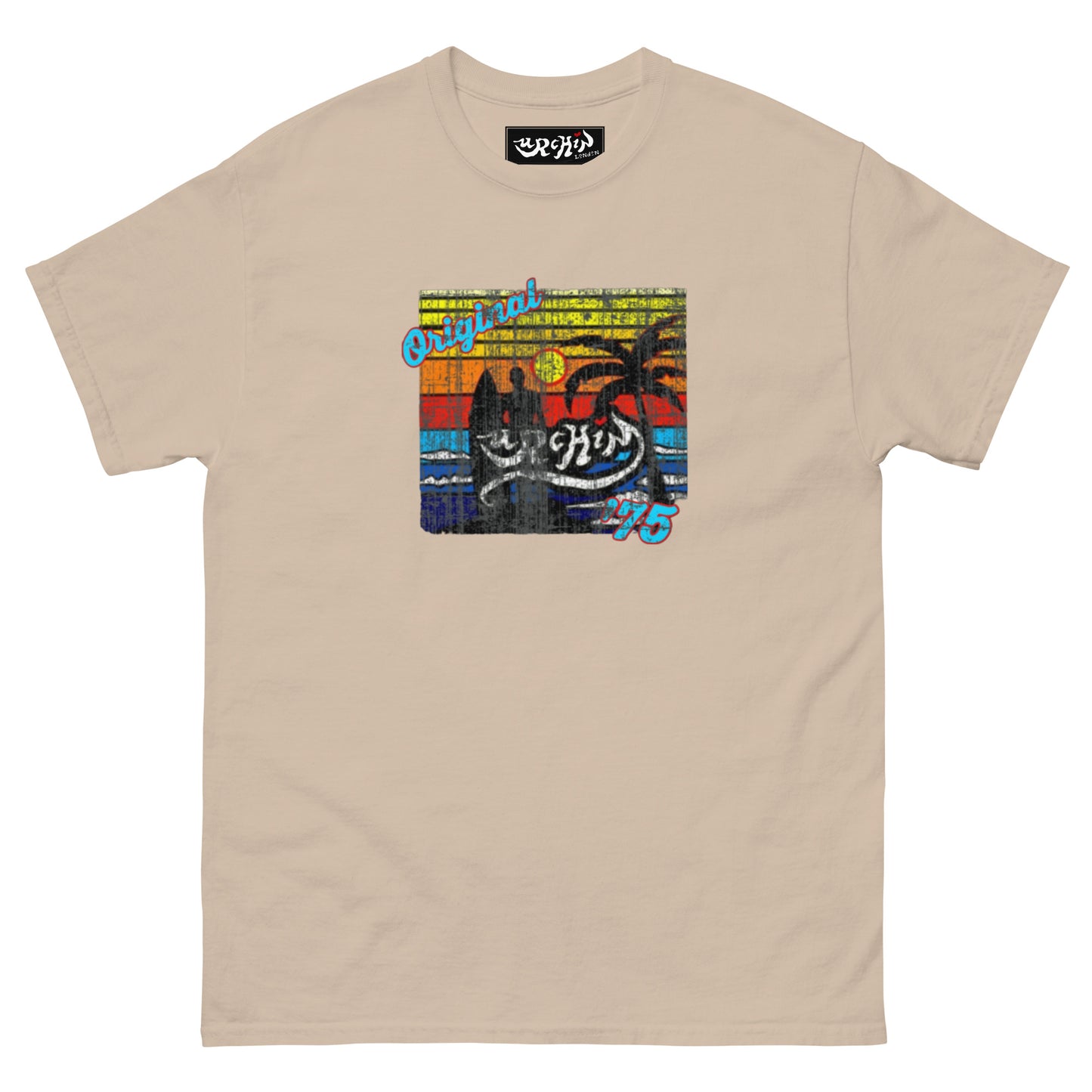 URCHIN-'SURFER SUNRISE-Original '75' Square Logo. Cotton T Shirt. Choice of Colours. Unisex.