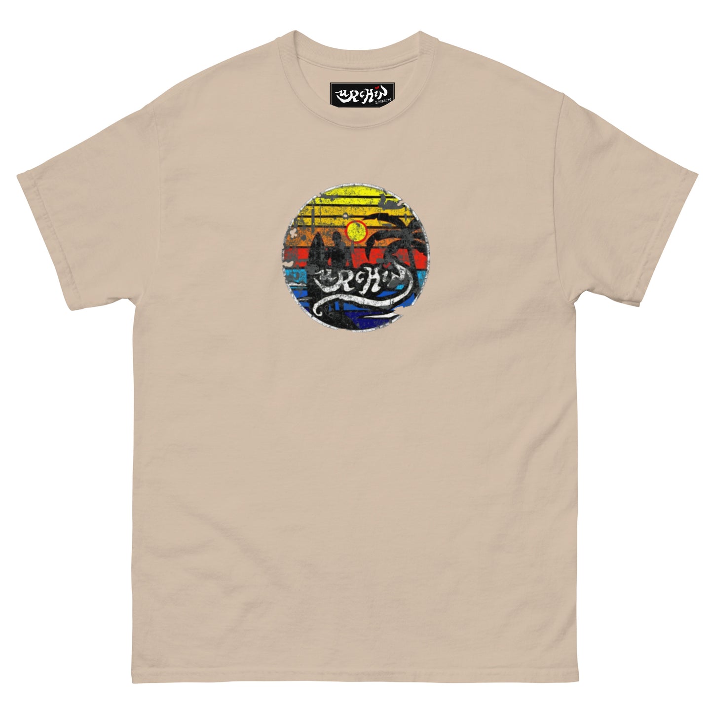 URCHIN -'SURFER SUNRISE'. Round. Cotton T Shirt. Choice of Colours. Unisex.